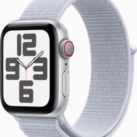 Alternative view of Apple Watch SE 2024 GPS + Cellular 44mm Silver Aluminium Case with Blue Cloud Sport Loop